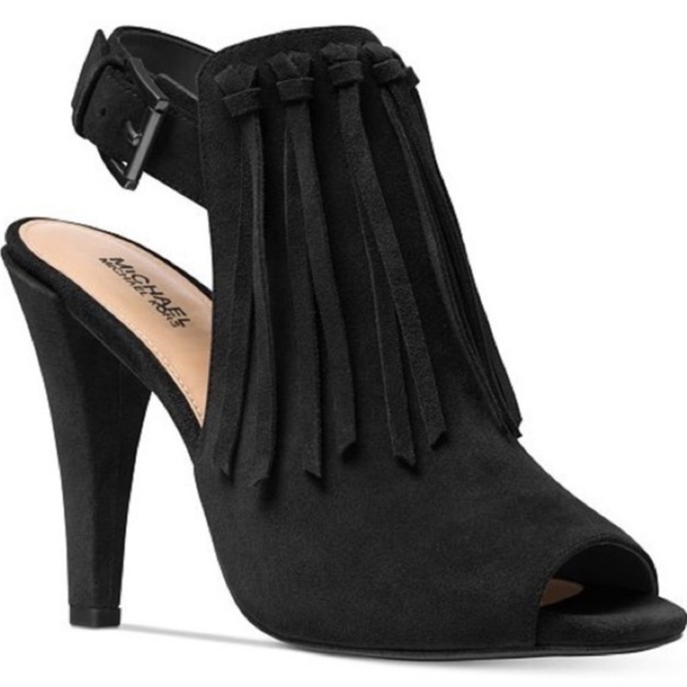 Michael Michael Kors Black Size 10 Suede Fringe Peep Toe Heels